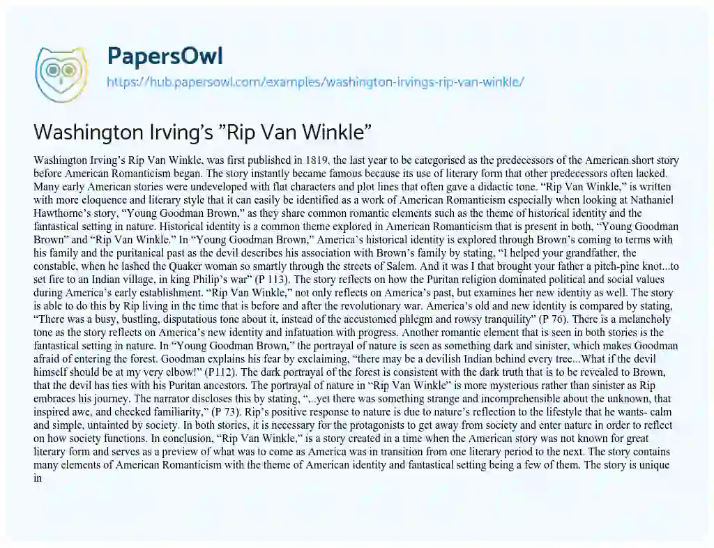 Essay on Washington Irving’s “Rip Van Winkle”