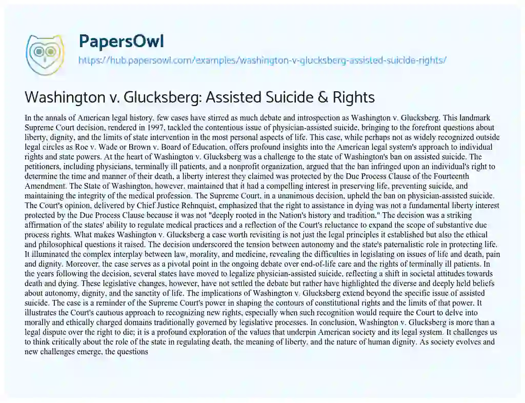 Essay on Washington v. Glucksberg: Assisted Suicide & Rights