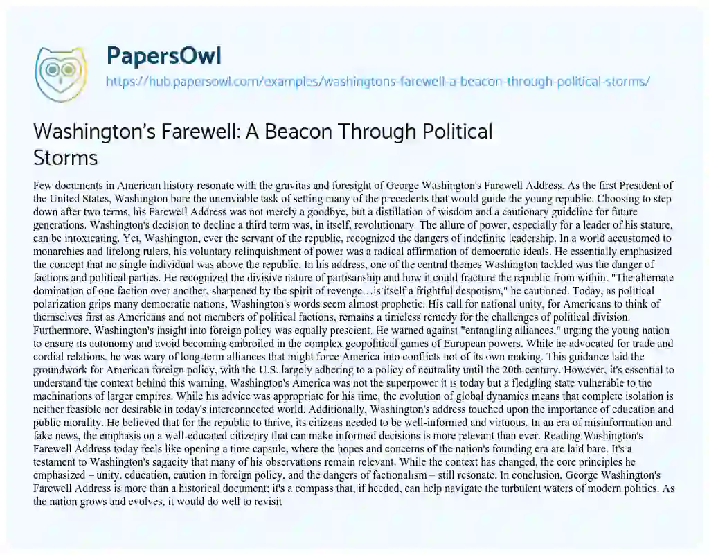 Essay on Washington’s Farewell: A Beacon Through Political Storms