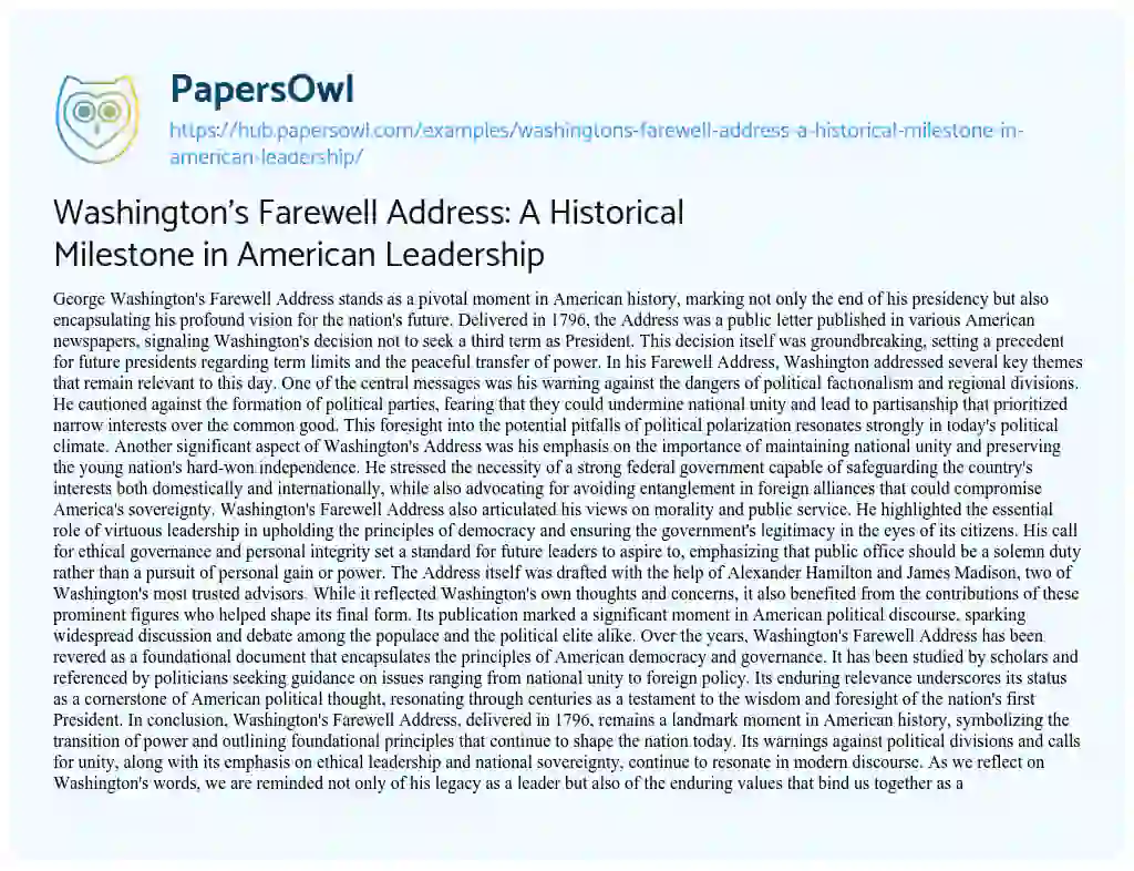 Essay on Washington’s Farewell Address: A Historical Milestone in American Leadership