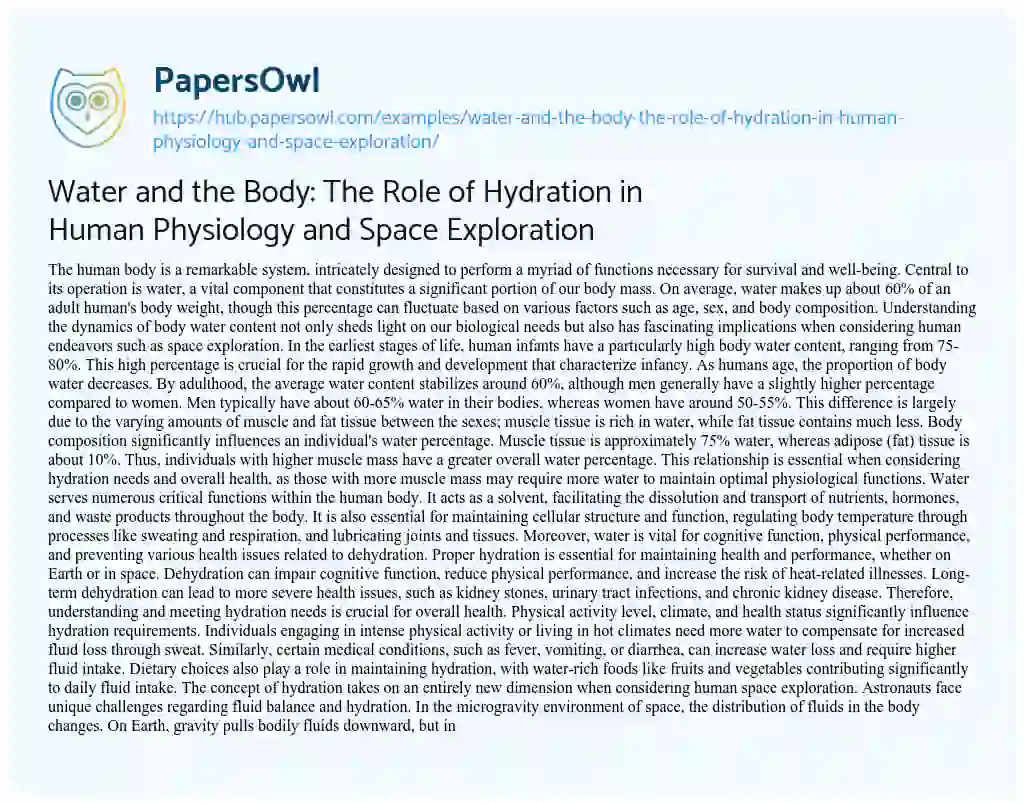 Essay on Water and the Body: The Role of Hydration in Human Physiology and Space Exploration