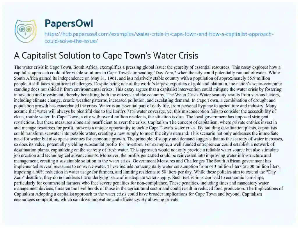 Essay on A Capitalist Solution to Cape Town’s Water Crisis