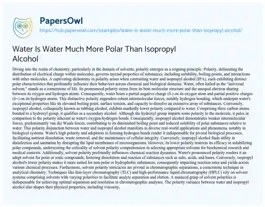 Essay on Water Is Water Much More Polar Than Isopropyl Alcohol
