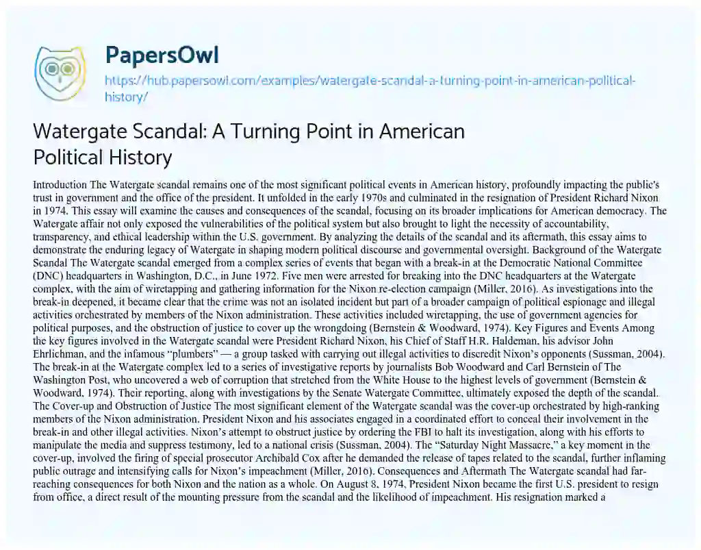 Essay on Watergate Scandal: A Turning Point in American Political History