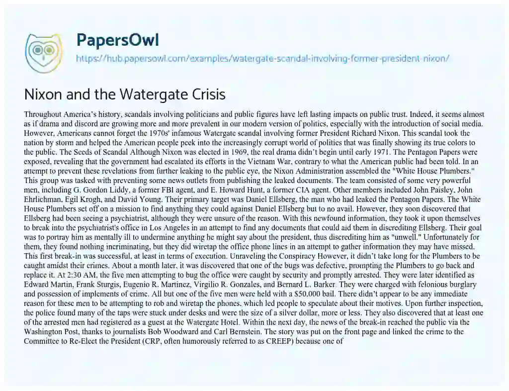 Essay on Nixon and the Watergate Crisis