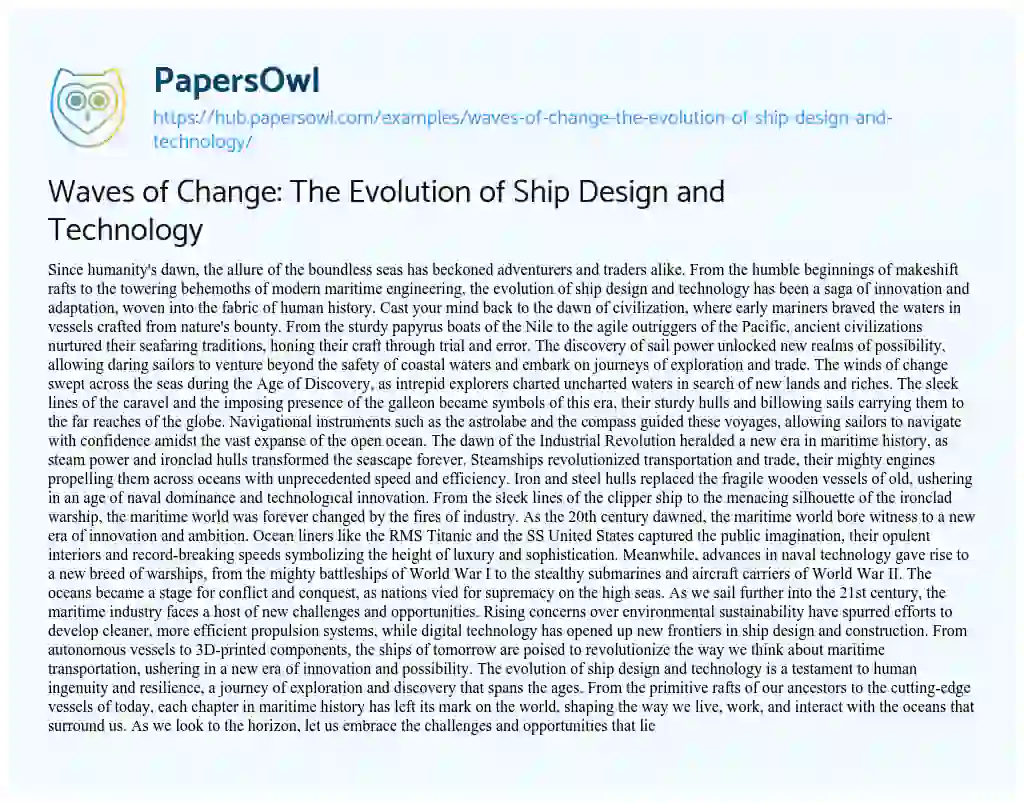 Essay on Waves of Change: The Evolution of Ship Design and Technology