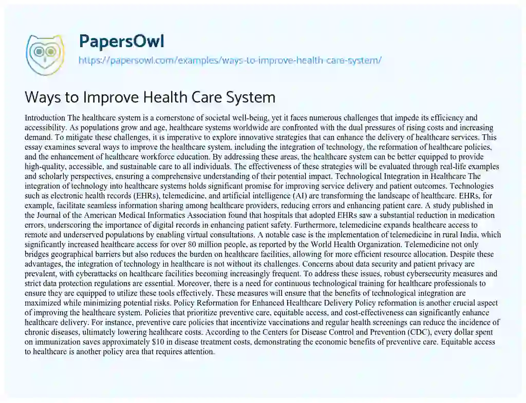 Essay on Ways to Improve Health Care System