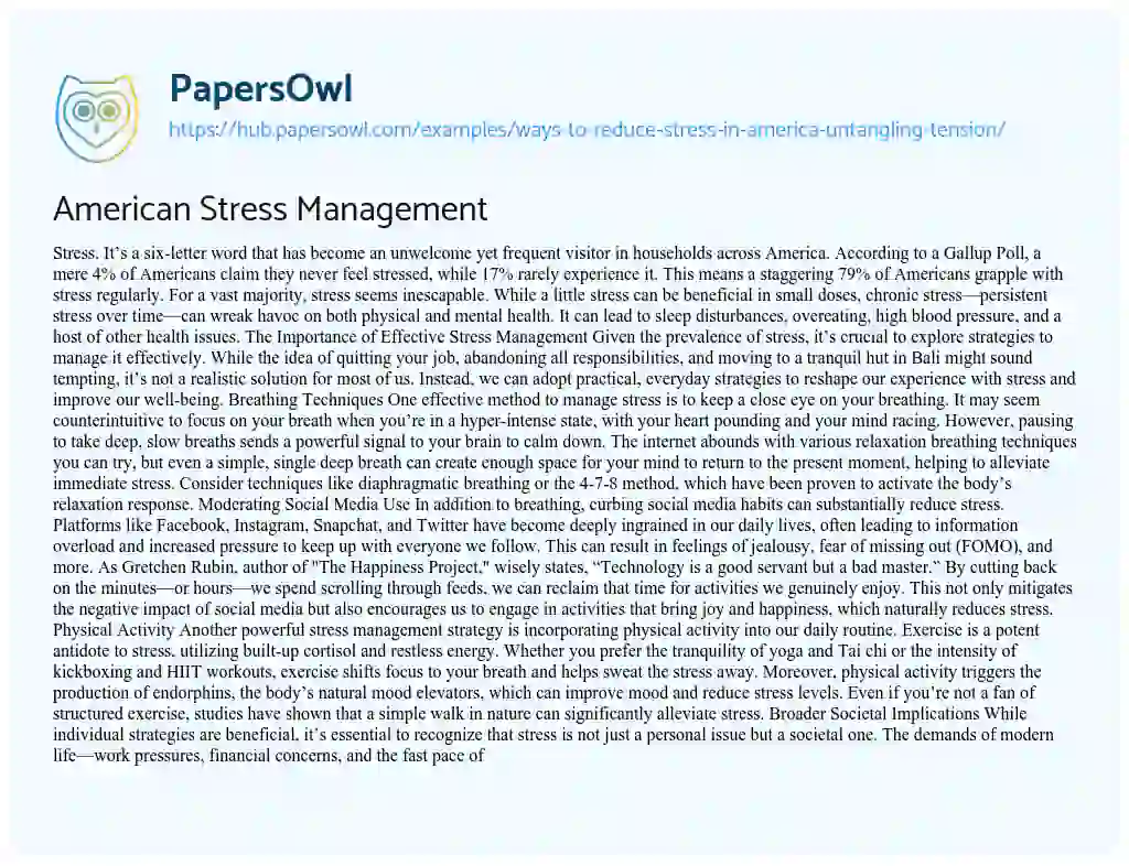 Essay on American Stress Management