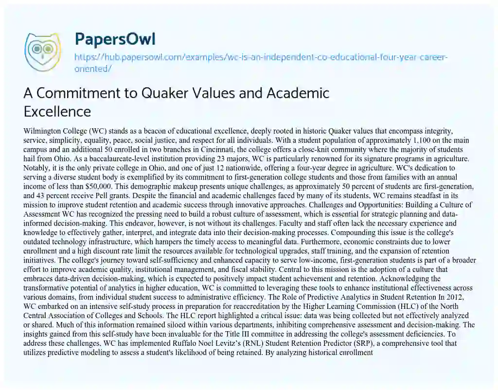 Essay on A Commitment to Quaker Values and Academic Excellence