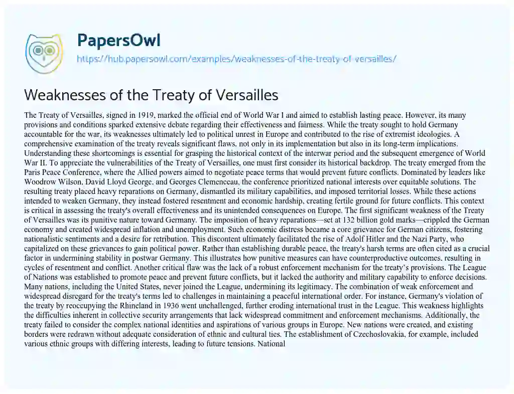 Essay on Weaknesses of the Treaty of Versailles