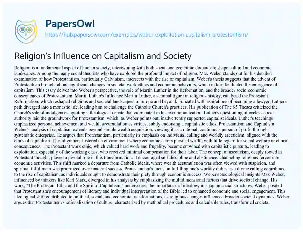 Essay on Religion’s Influence on Capitalism and Society