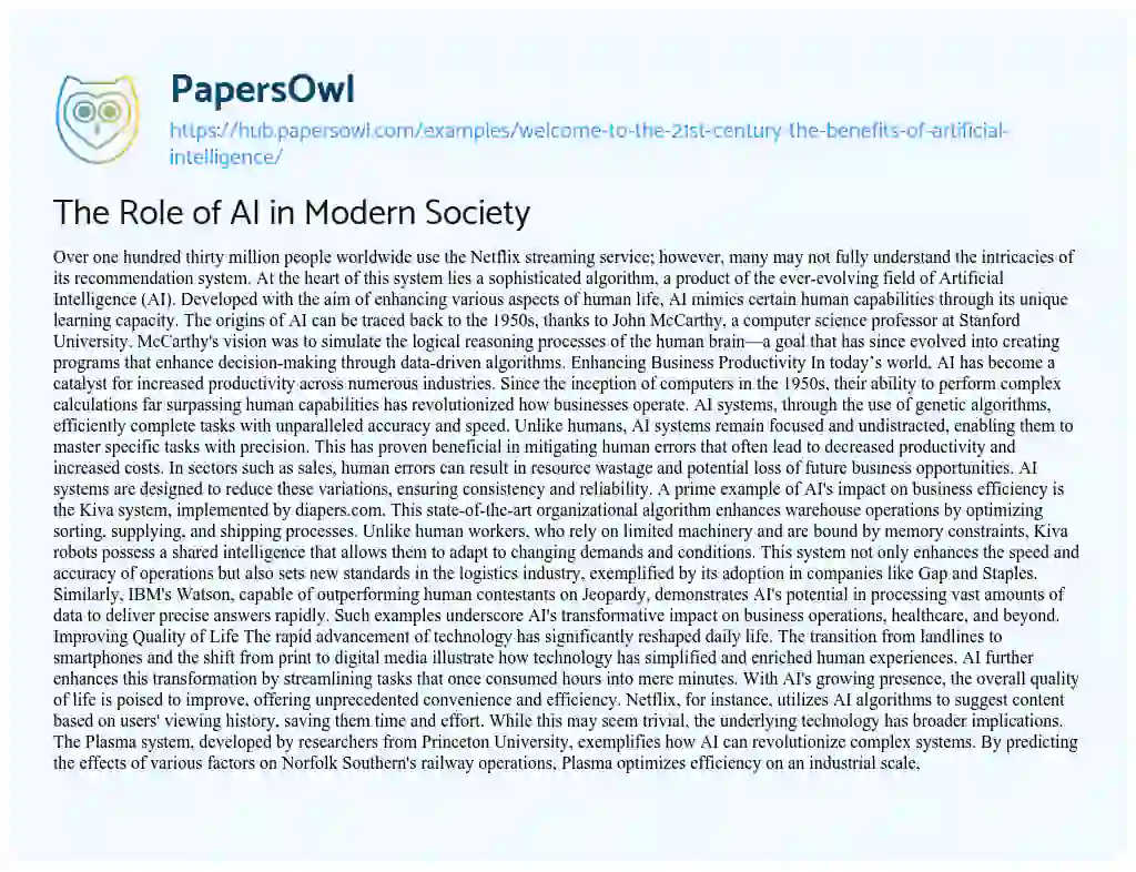 Essay on The Role of AI in Modern Society