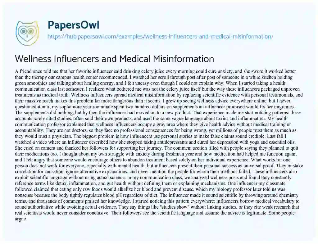 Essay on Wellness Influencers and Medical Misinformation