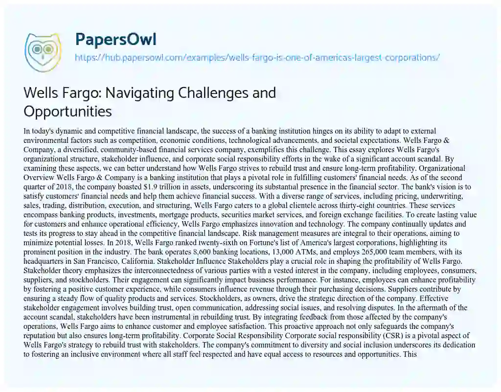 Essay on Wells Fargo: Navigating Challenges and Opportunities