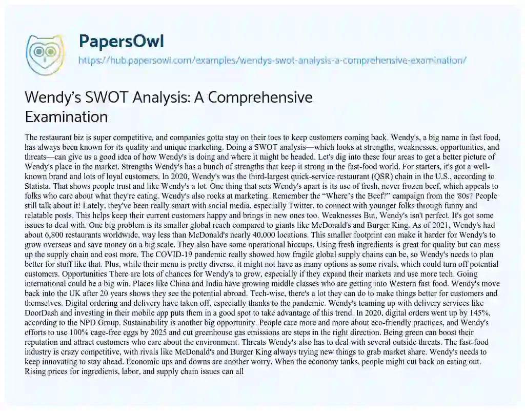 Essay on Wendy’s SWOT Analysis: A Comprehensive Examination