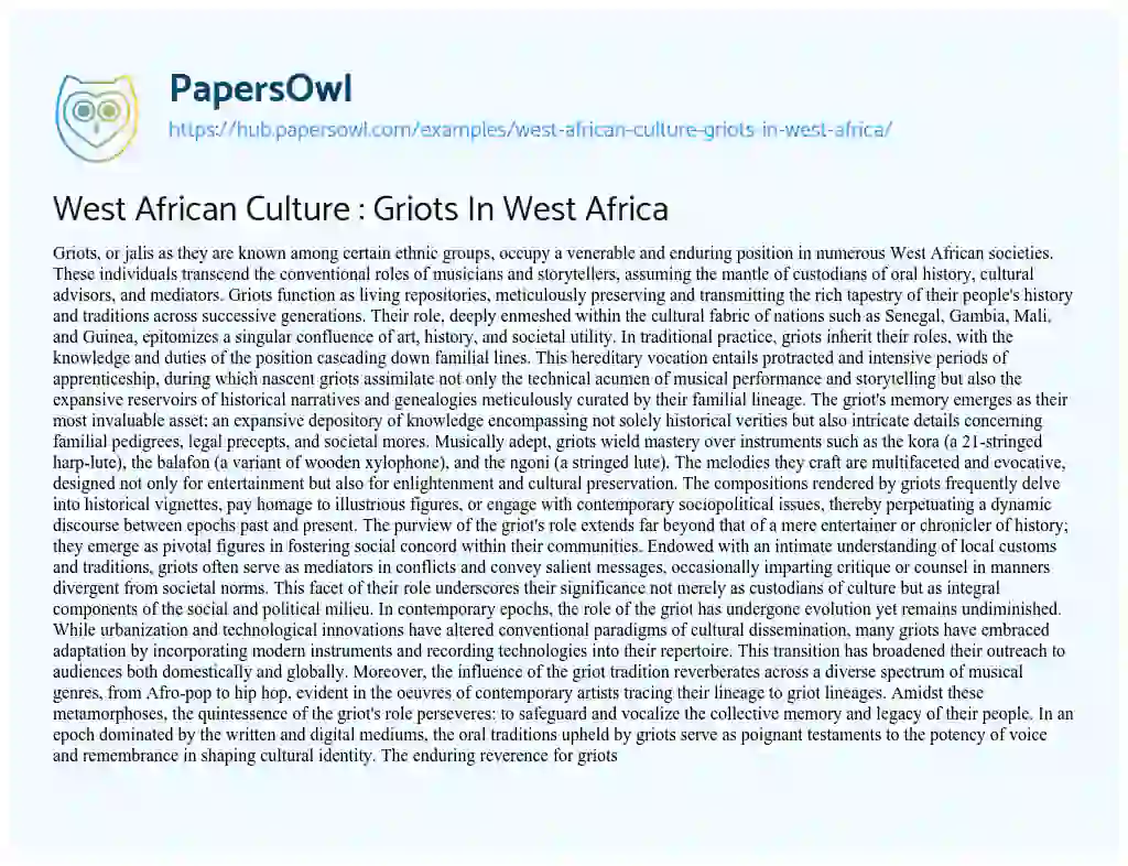 Essay on West African Culture : Griots In West Africa