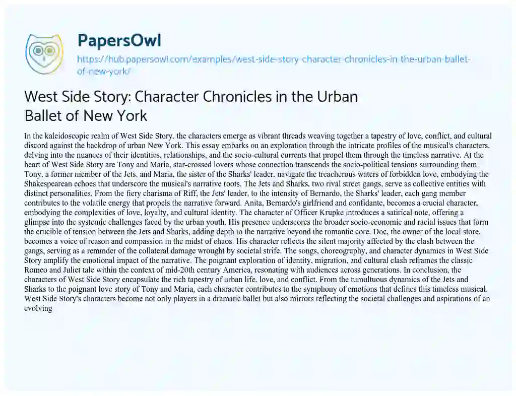 Essay on West Side Story: Character Chronicles in the Urban Ballet of New York