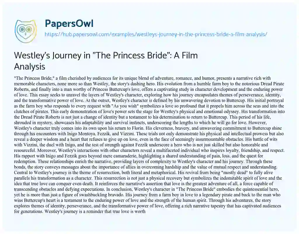 Essay on Westley’s Journey in “The Princess Bride”: A Film Analysis