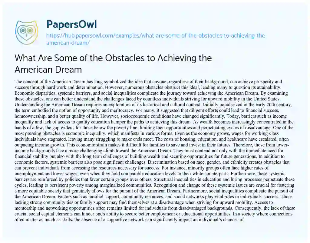 Essay on What Are Some of the Obstacles to Achieving the American Dream