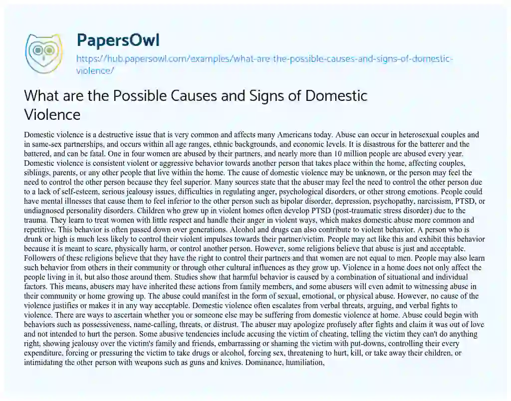 Essay on What are the Possible Causes and Signs of Domestic Violence