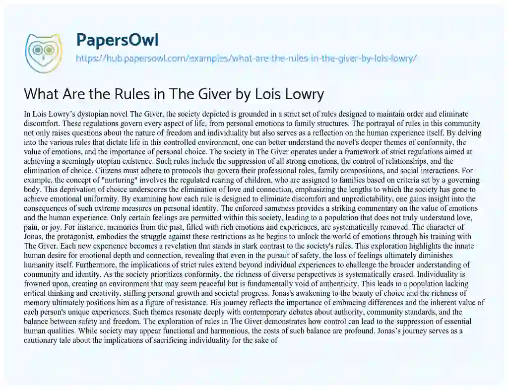 Essay on What Are the Rules in The Giver by Lois Lowry