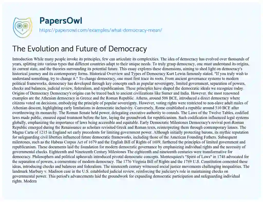 Essay on The Evolution and Future of Democracy