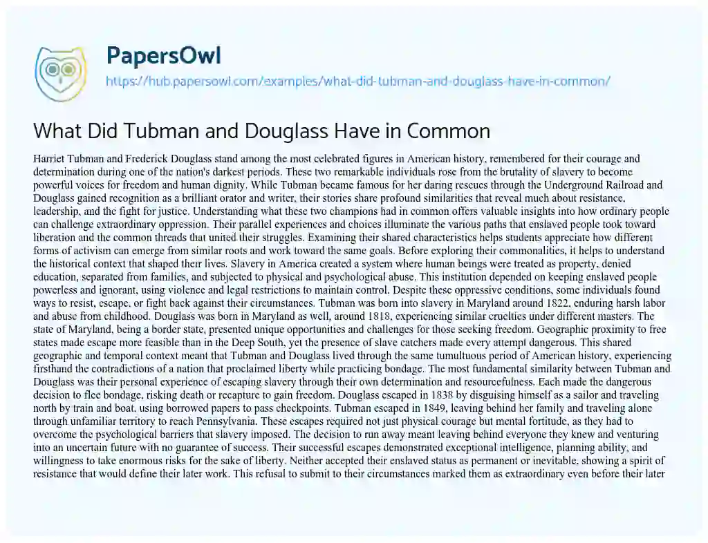 Essay on What Did Tubman and Douglass Have in Common