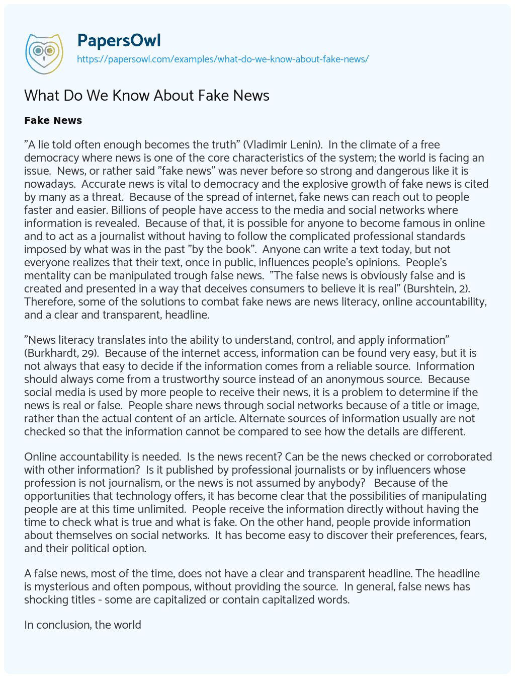 Essay on What Do We Know About Fake News