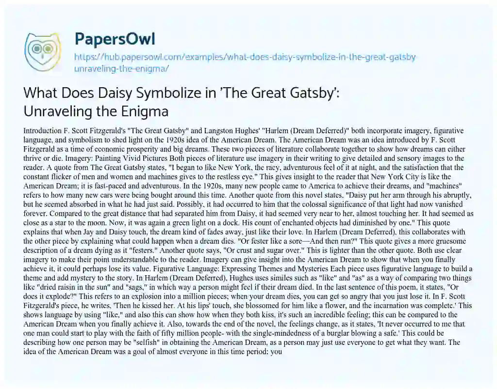 Essay on What Does Daisy Symbolize in ‘The Great Gatsby’: Unraveling the Enigma