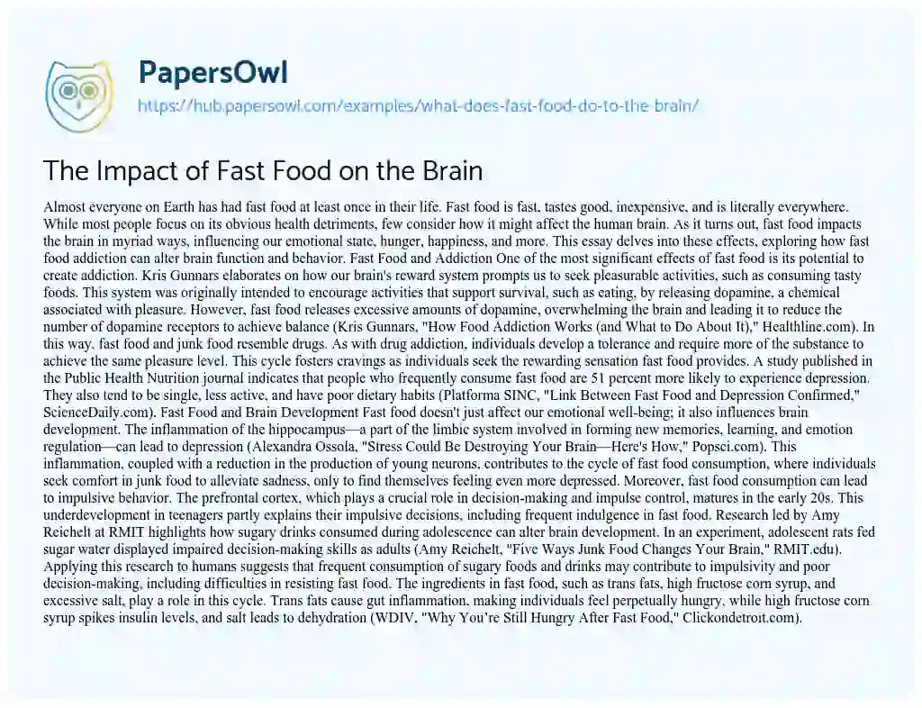 Essay on The Impact of Fast Food on the Brain