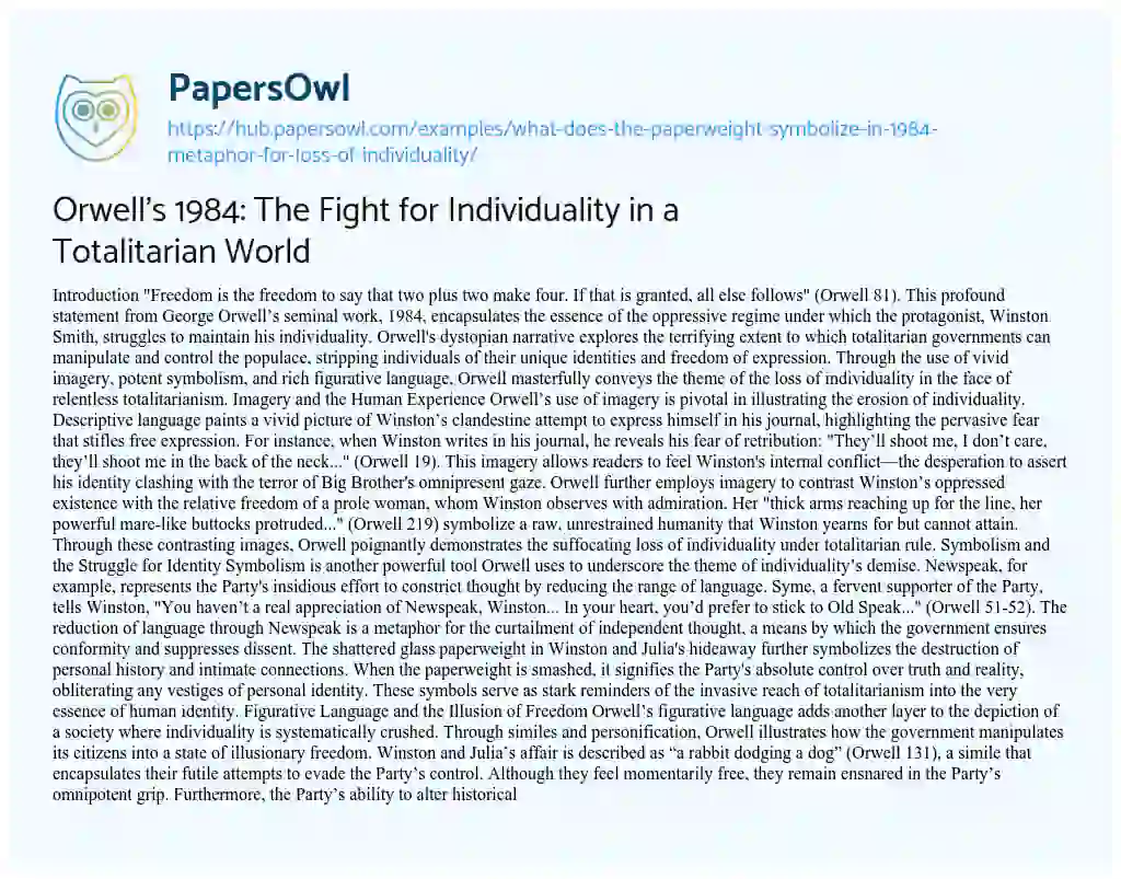 Essay on Orwell’s 1984: The Fight for Individuality in a Totalitarian World