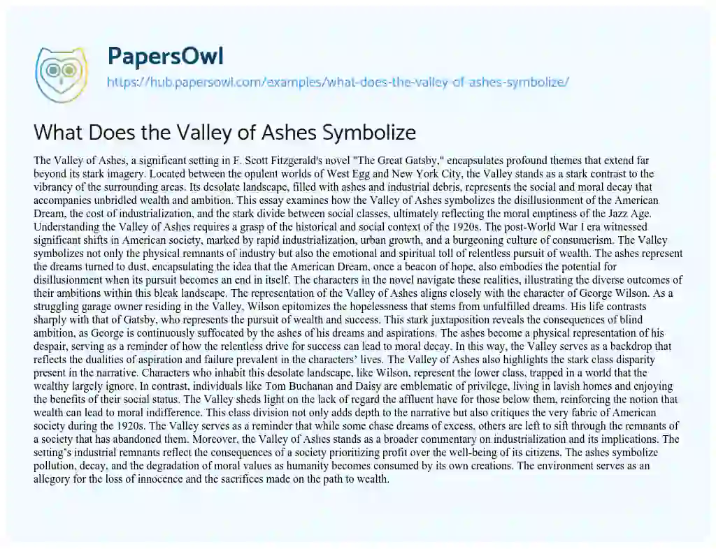 Essay on What Does the Valley of Ashes Symbolize