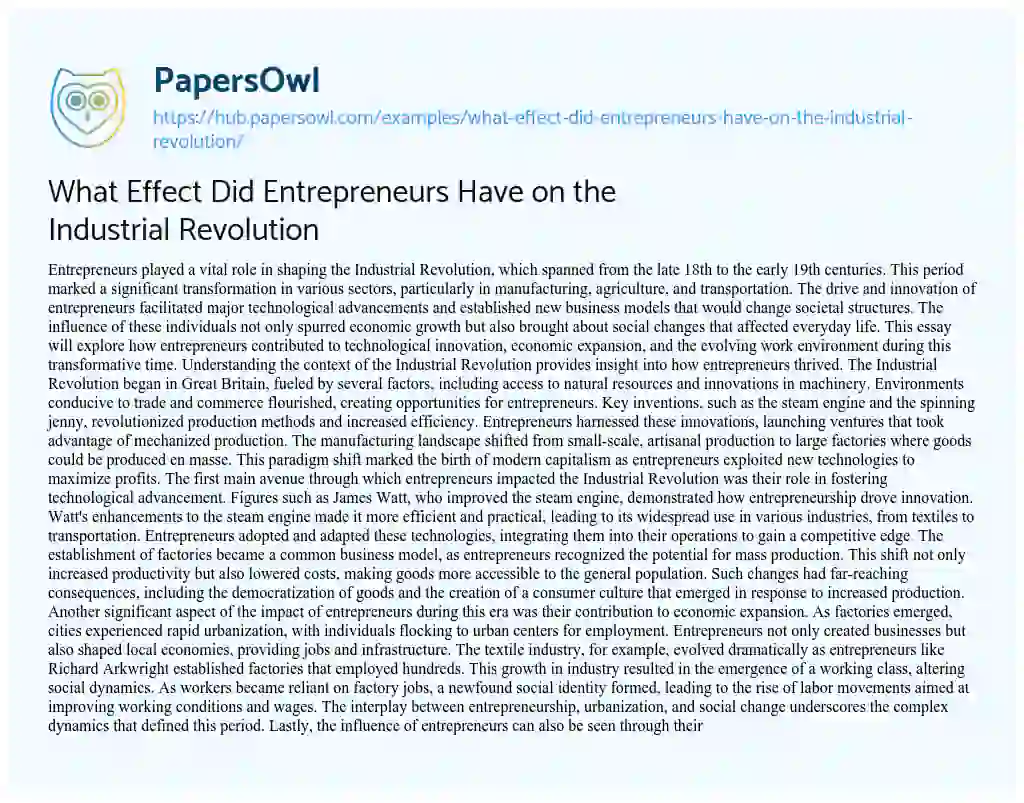 Essay on What Effect Did Entrepreneurs Have on the Industrial Revolution