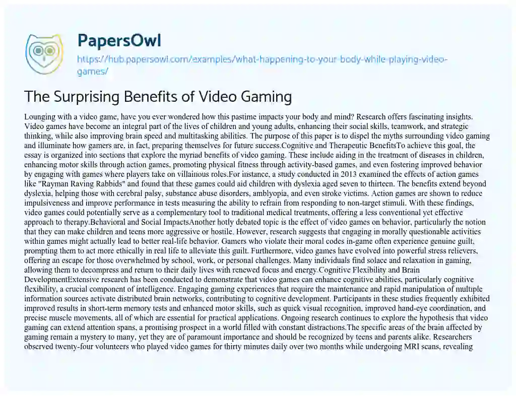 Essay on The Surprising Benefits of Video Gaming