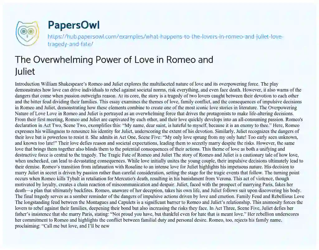 Essay on The Overwhelming Power of Love in Romeo and Juliet