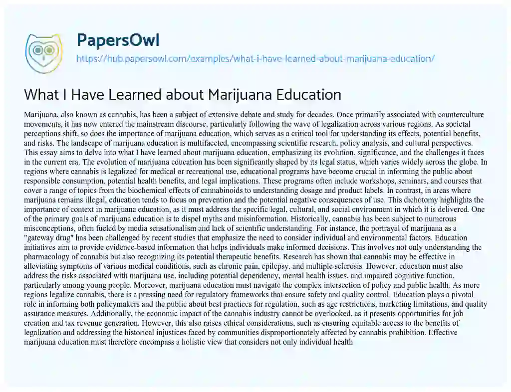 Essay on What I Have Learned about Marijuana Education