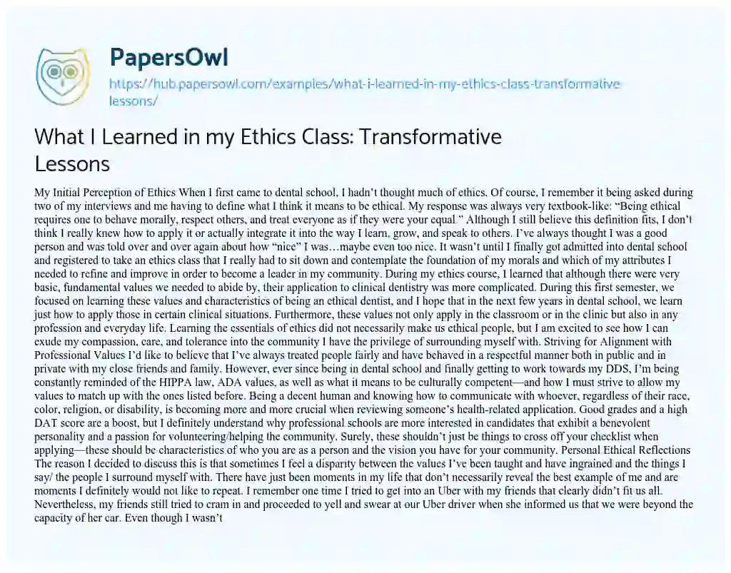 Essay on What I Learned in my Ethics Class: Transformative Lessons