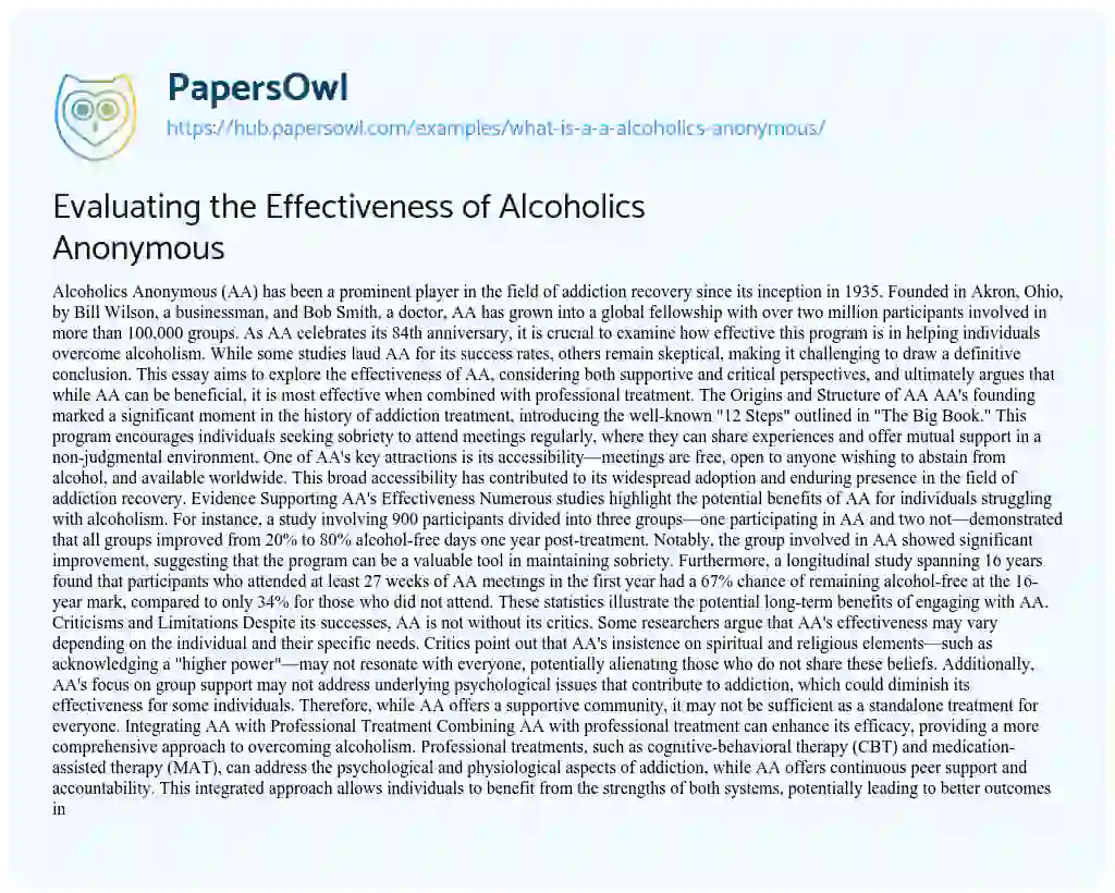 Essay on Evaluating the Effectiveness of Alcoholics Anonymous