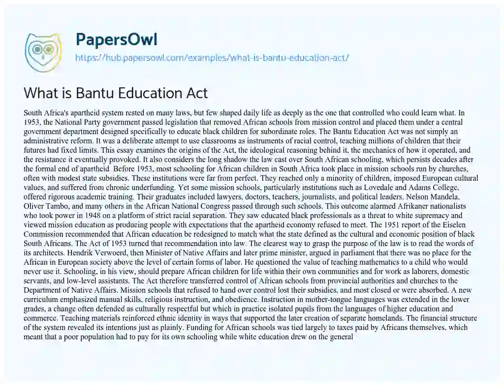 Essay on What is Bantu Education Act
