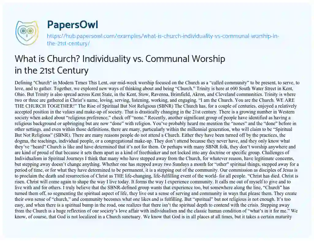 Essay on What is Church? Individuality vs. Communal Worship in the 21st Century