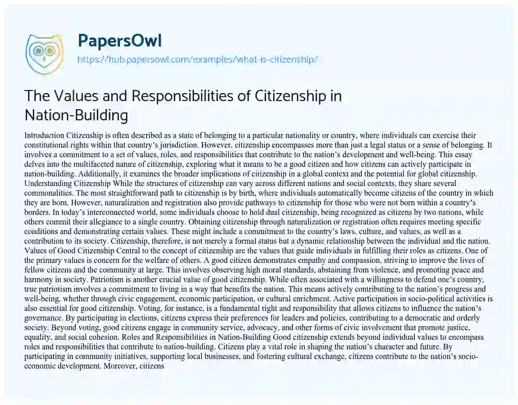 Essay on The Values and Responsibilities of Citizenship in Nation-Building
