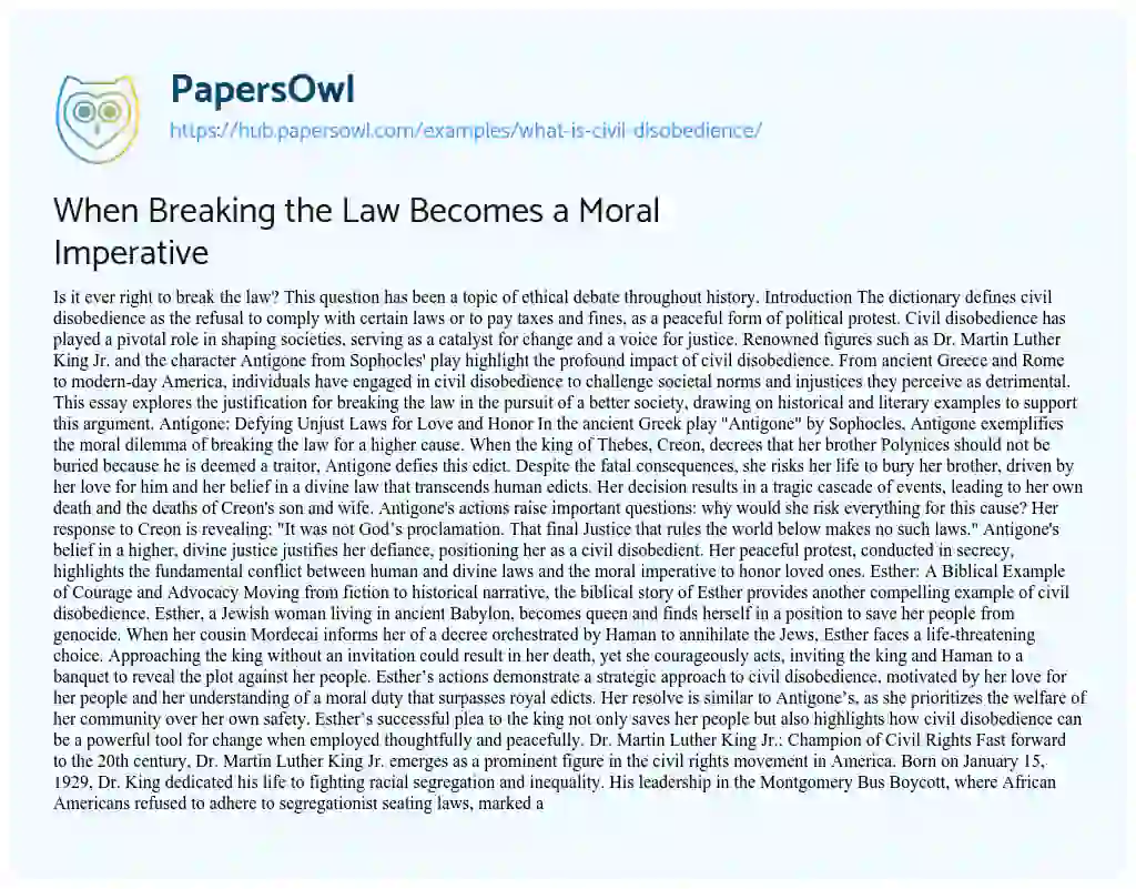 Essay on When Breaking the Law Becomes a Moral Imperative