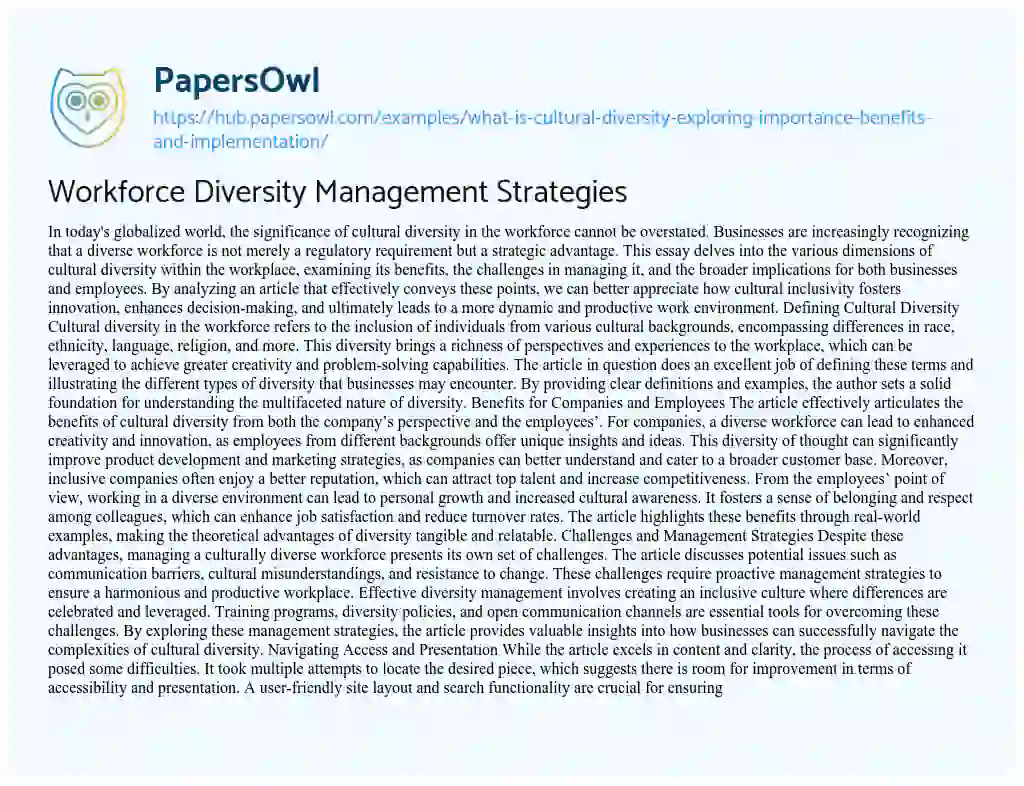 Essay on Workforce Diversity Management Strategies