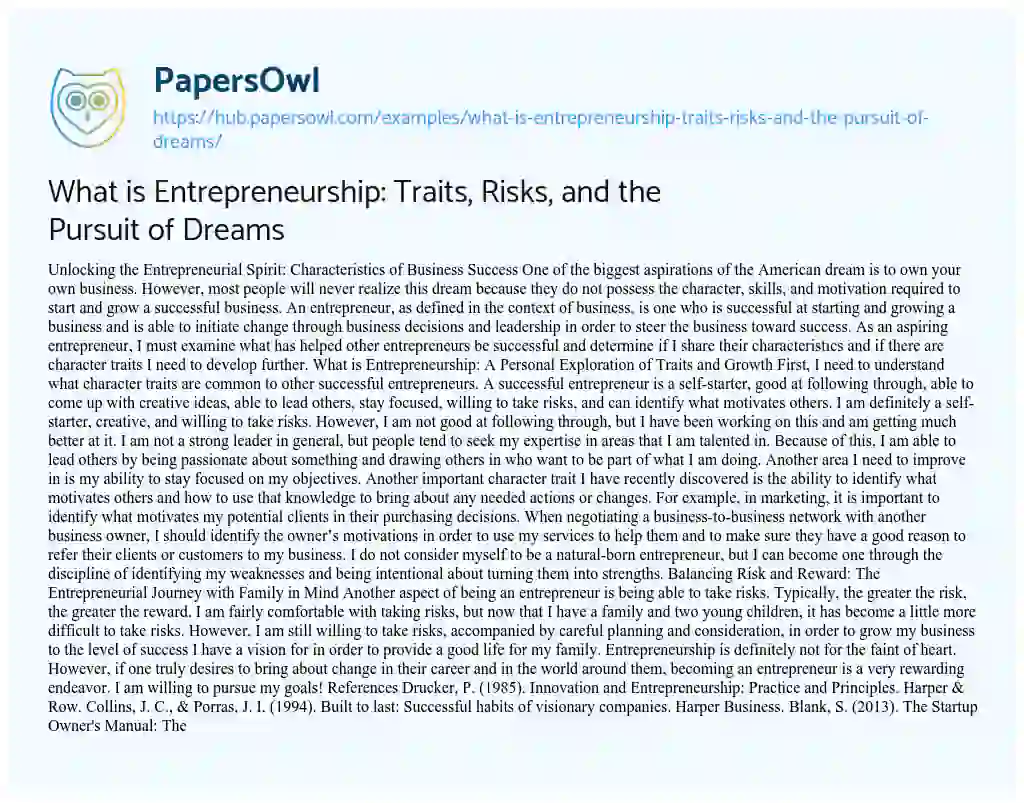 Essay on What is Entrepreneurship: Traits, Risks, and the Pursuit of Dreams