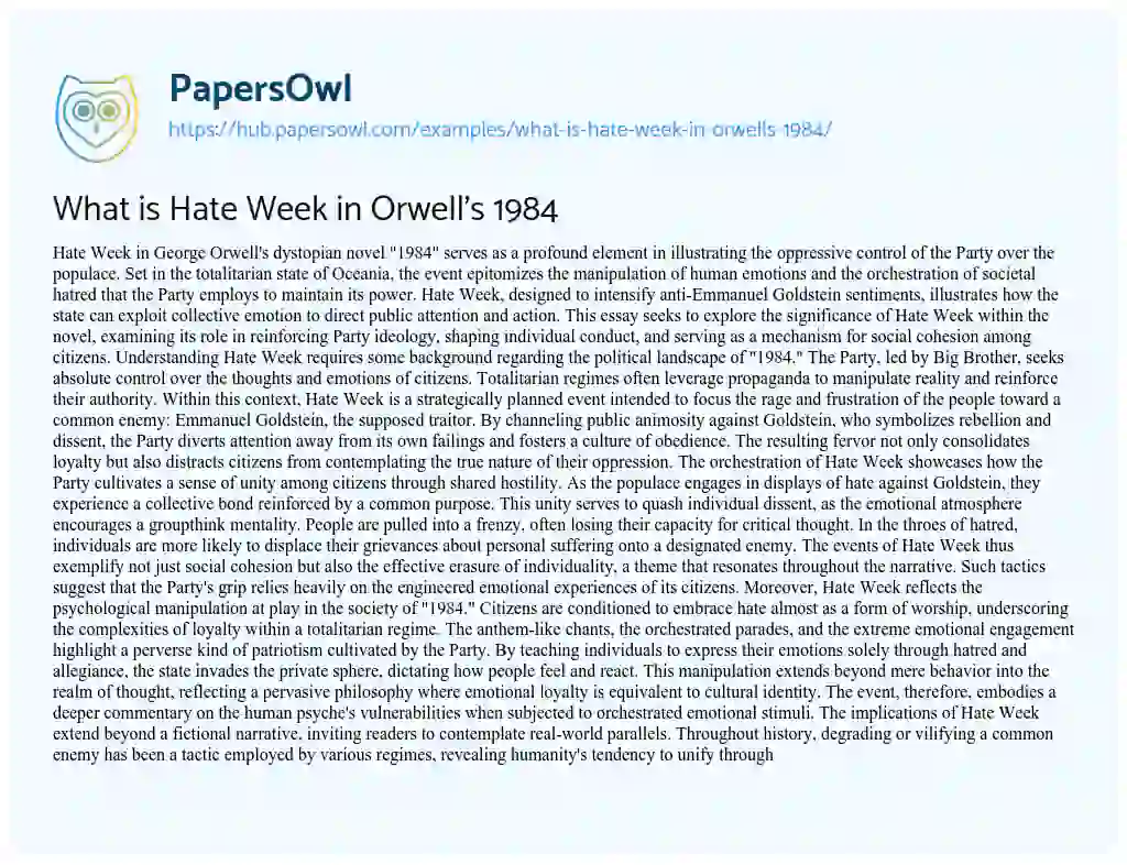 Essay on What is Hate Week in Orwell’s 1984