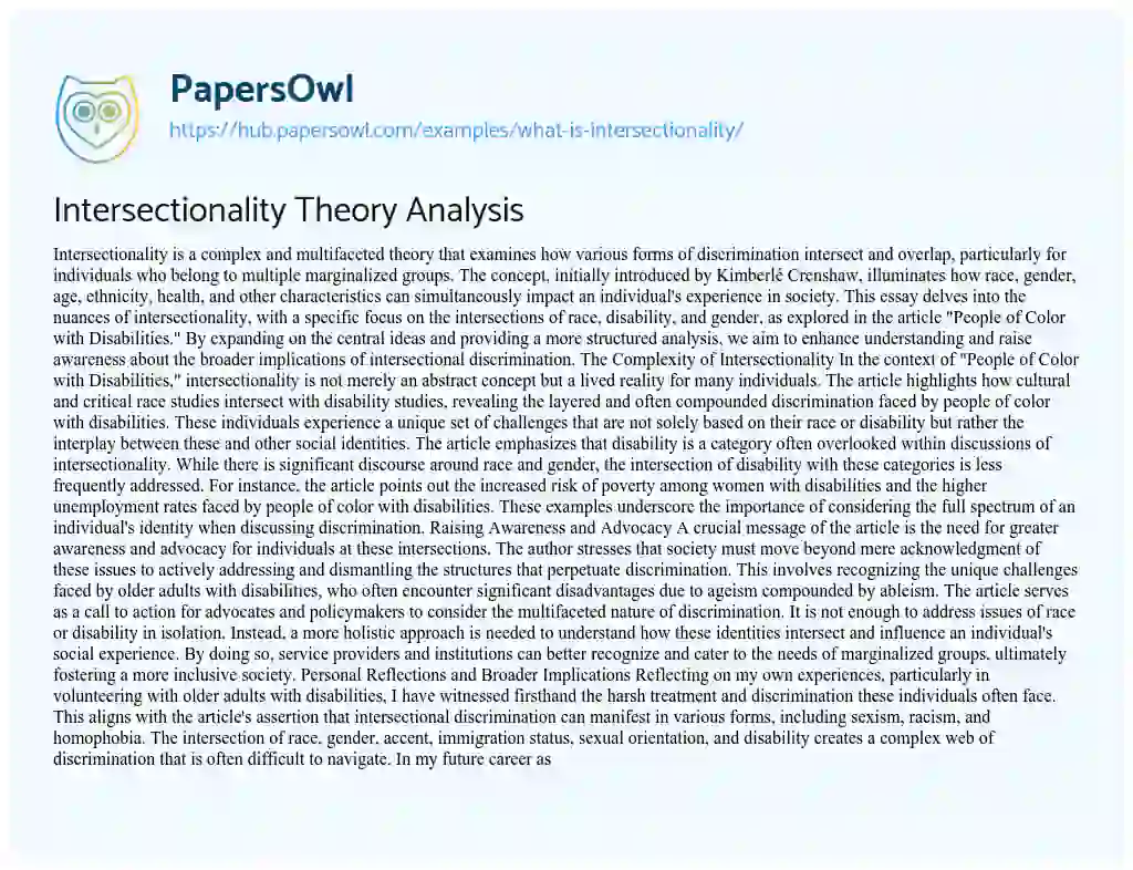 Essay on Intersectionality Theory Analysis