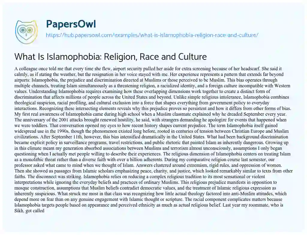 Essay on What Is Islamophobia: Religion, Race and Culture