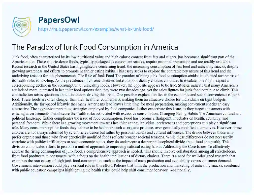 Essay on The Paradox of Junk Food Consumption in America