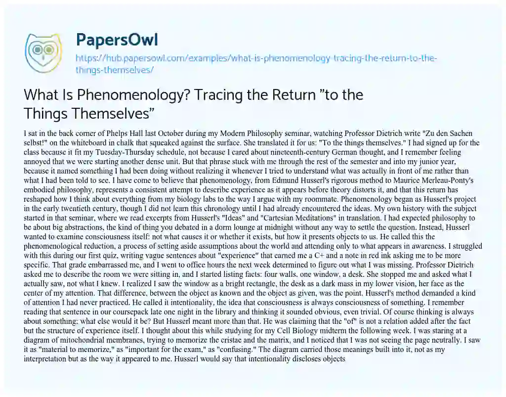 Essay on What Is Phenomenology? Tracing the Return “to the Things Themselves”