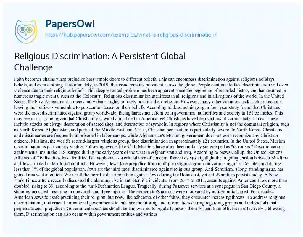 Essay on Religious Discrimination: A Persistent Global Challenge